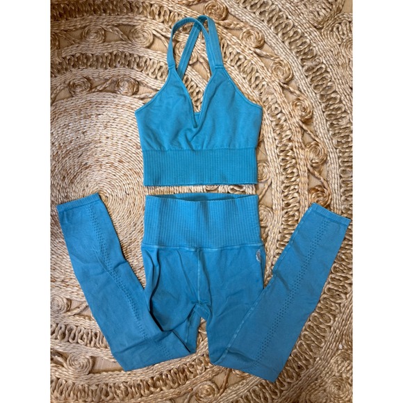 Free People Other - Free People Movement Good Karma Set Turquoise Blue Ribbed Leggings Crop Top XS/S